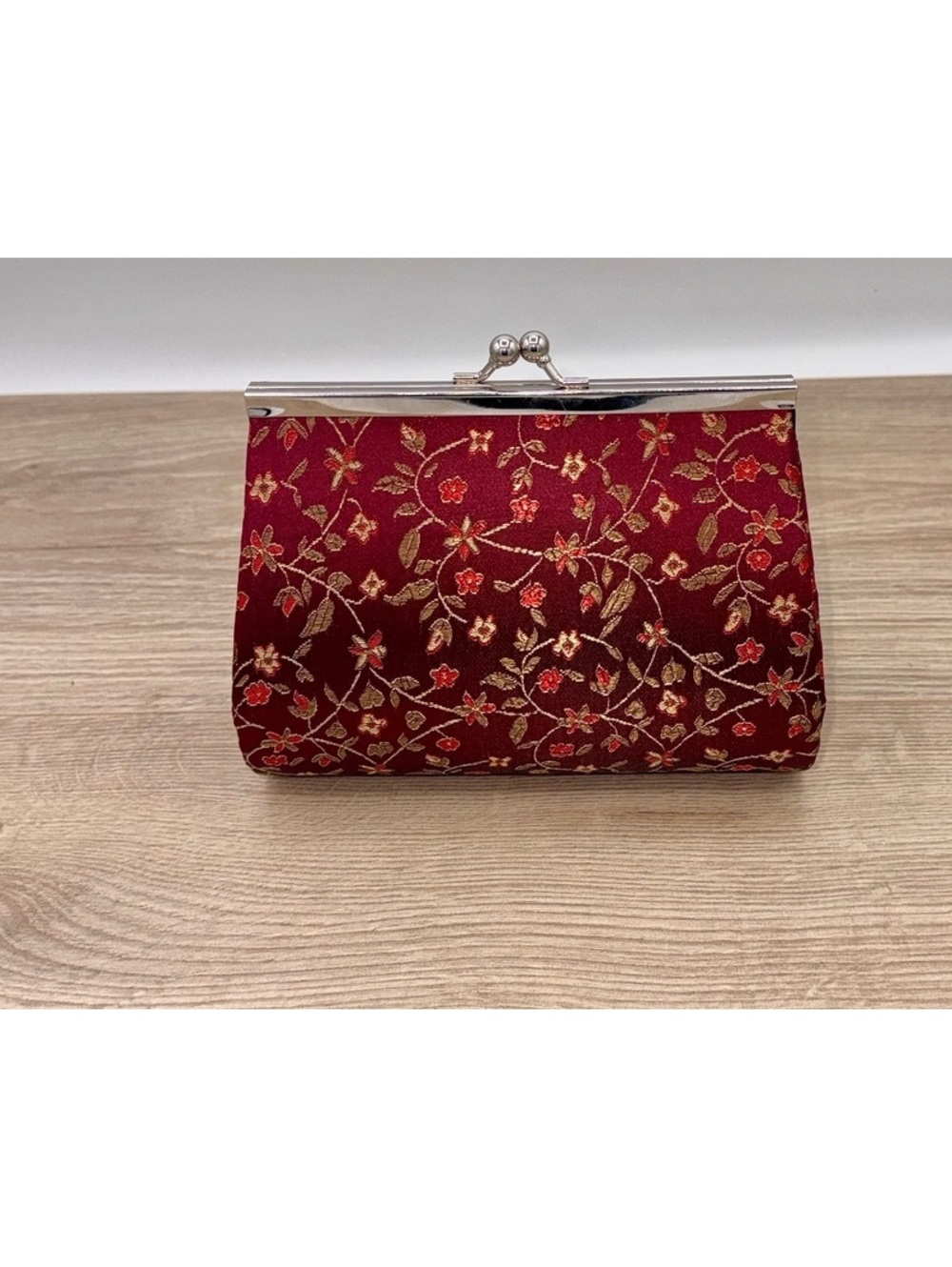 Burgundy Floral Brocade Kiss Lock Evening Purse Chain